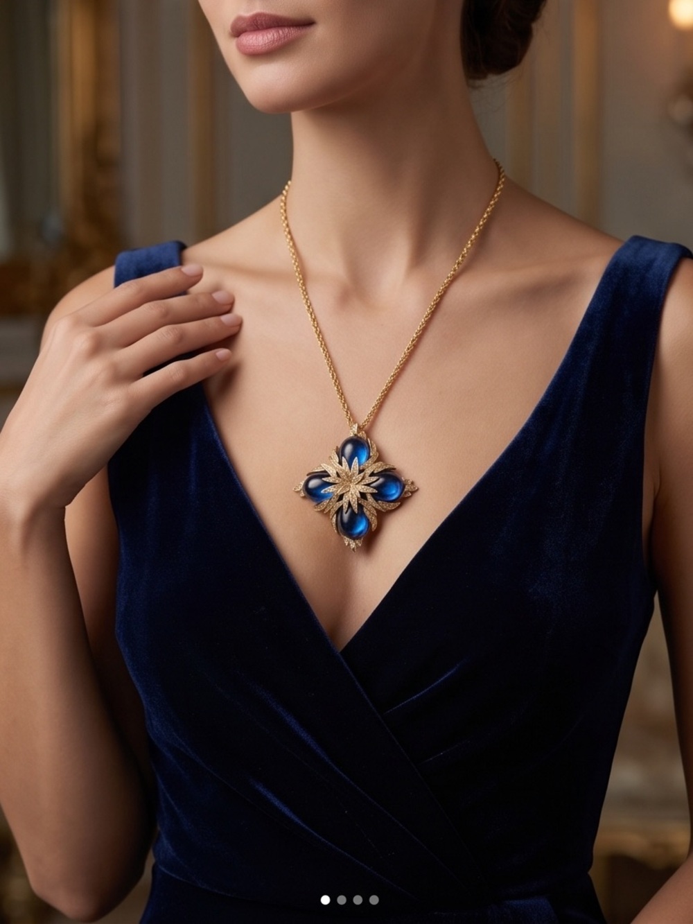 Gold Plated Necklace with Royal Blue Gemstone Floral Pendant